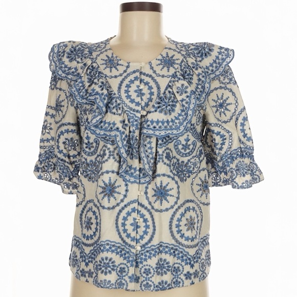 Sezane South Blouse in Ecru Blue Eyelet Embroidered Ruffle Linen Blend - Picture 2 of 13